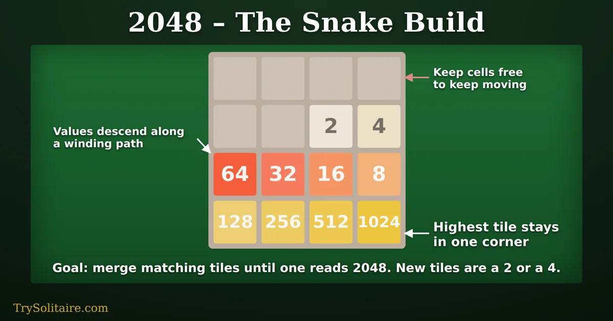 2048 grid showing a snake build with 1024 in the bottom-right corner descending through 512, 256 and 128, then 64, 32, 16 and 8 in the row above