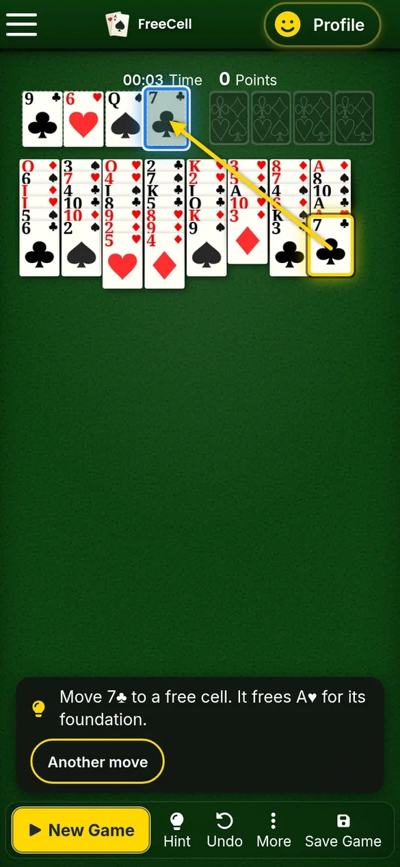 FreeCell hint on a phone screen: move the 7 of clubs to a free cell to free the ace of hearts