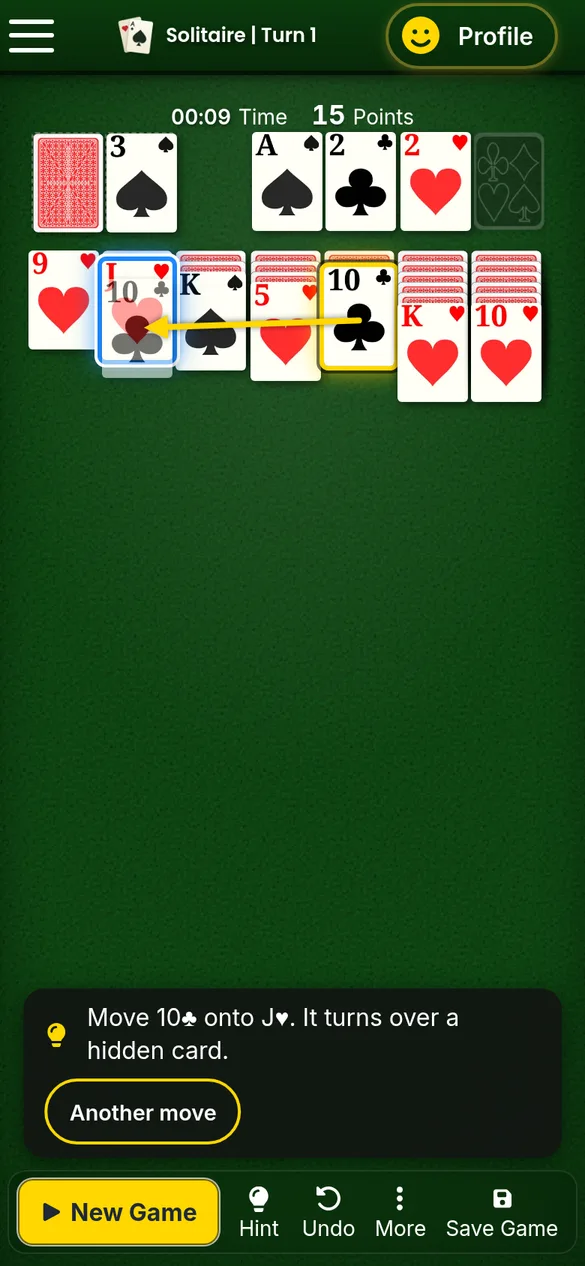 Klondike hint on a phone screen, with the sentence above the controls bar