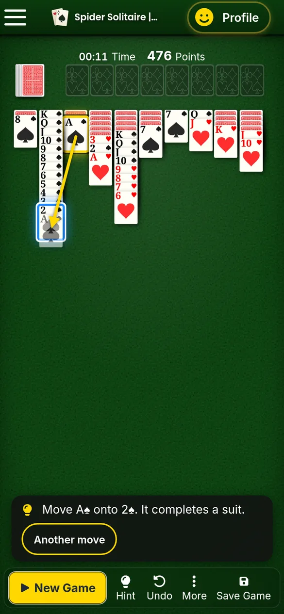 Spider hint on a phone screen: move the ace of spades onto the 2 of spades to complete a suit