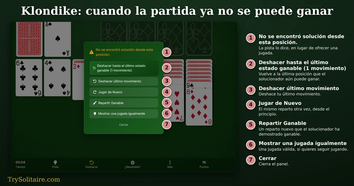 Panel de recuperación de Klondike sobre el tablero: «No se encontró solución desde esta posición.», con los botones Deshacer hasta el último estado ganable (1 movimiento), Deshacer último movimiento, Jugar de Nuevo, Repartir Ganable, Mostrar una jugada igualmente y Cerrar