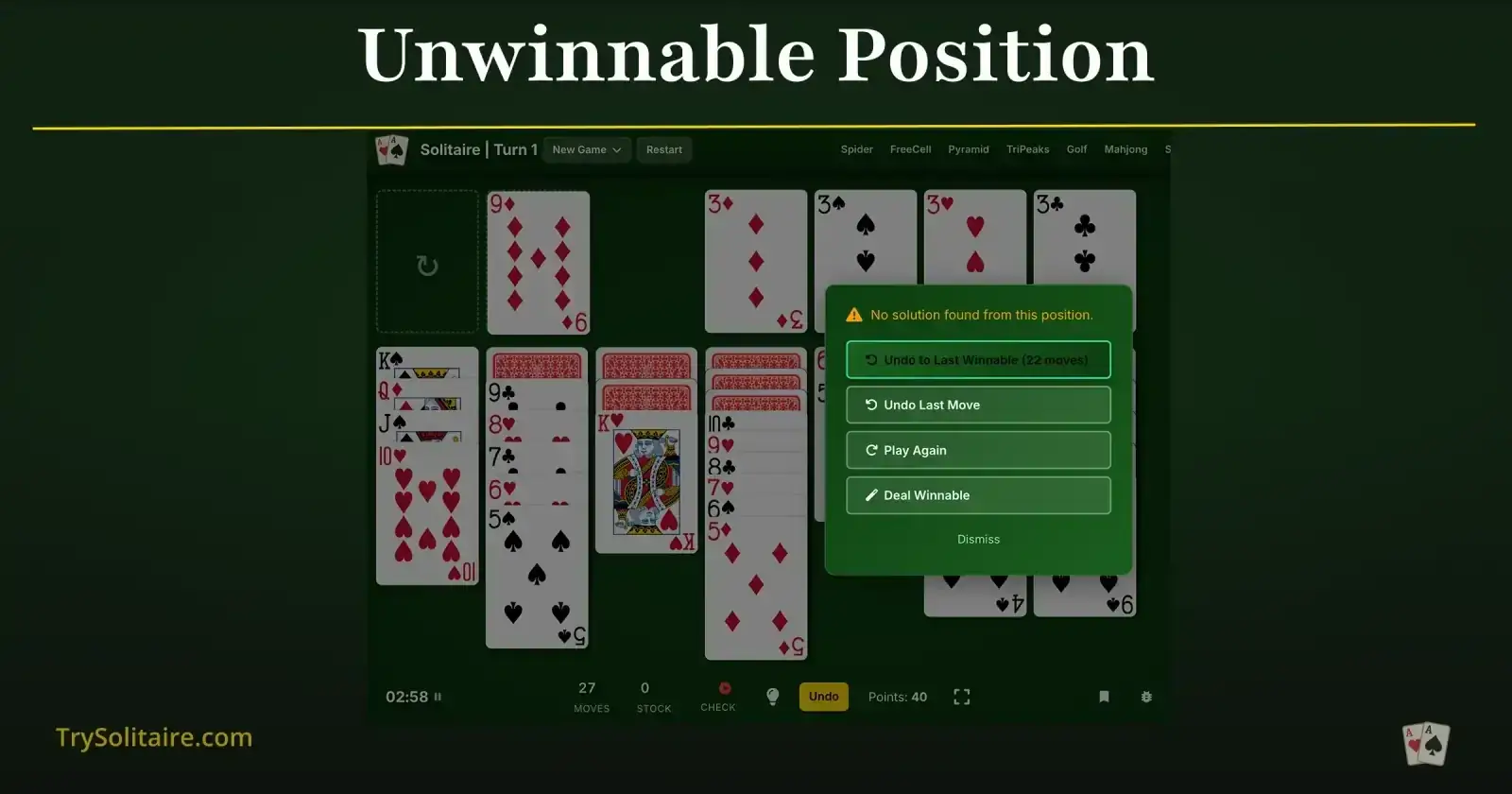 Example of an unwinnable Klondike Solitaire position with blocked Kings and inaccessible foundation cards